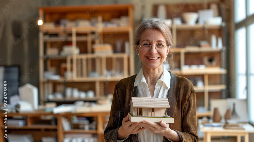 Portrait of happy mature Caucasian woman realtor holding small miniature of modern house, smile, look at camera. Provide professional consultation, selling real-estate property, remodelling services Portrait of happy mature Caucasian woman realtor holding small miniature of modern house, smile, look at camera. Provide professional consultation, selling real-estate property, remodelling services