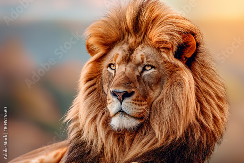Majestic male lion with a large mane photo