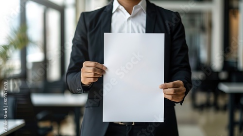 A businessman is holding a blank A4 paper isolated on office background