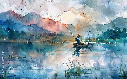 3h Fisherman fishing on a calm lake mountains very beautiful watercolor photo