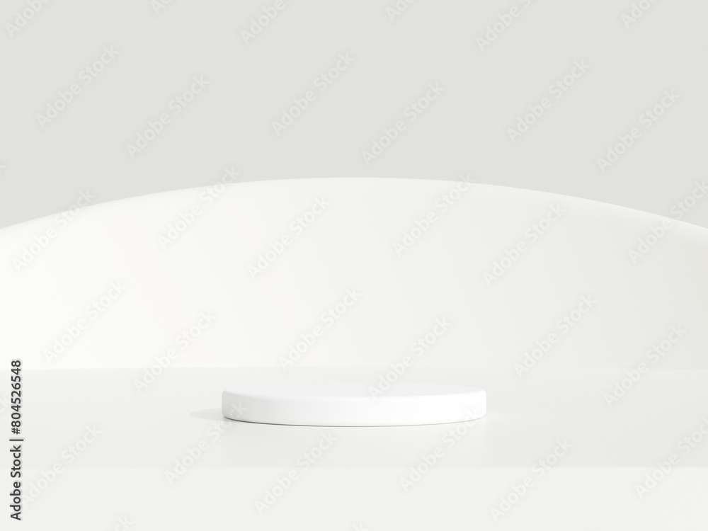 Abstract white 3D room with realistic white cylinder pedestal podium set. Minimal scene for product display presentation. 3D rendering geometric platform. Stage for showcase. Abstract white 3D room with realistic white cylinder pedestal podium set. Minimal scene for product display presentation. 3D rendering geometric platform. Stage for showcase.