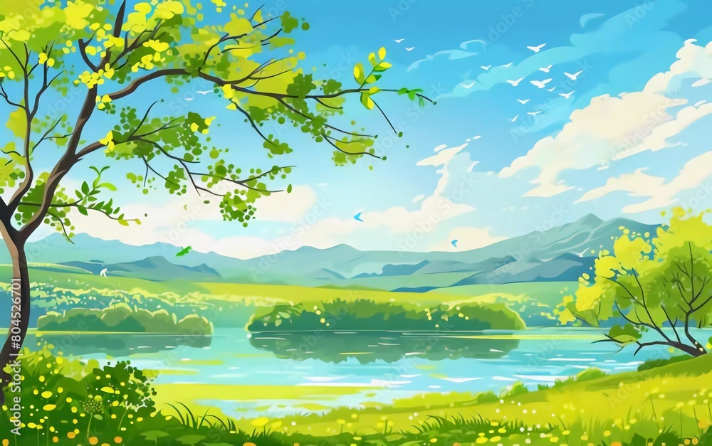 Illustration of natural spring landscape background vector design which is very beautiful Illustration of natural spring landscape background vector design which is very beautiful