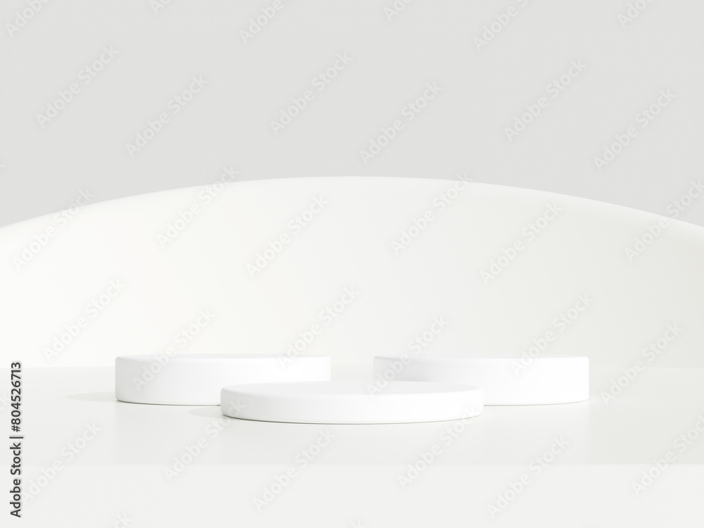 Abstract white 3D room with realistic white cylinder pedestal podium set. Minimal scene for product display presentation. 3D rendering geometric platform. Stage for showcase. Abstract white 3D room with realistic white cylinder pedestal podium set. Minimal scene for product display presentation. 3D rendering geometric platform. Stage for showcase.