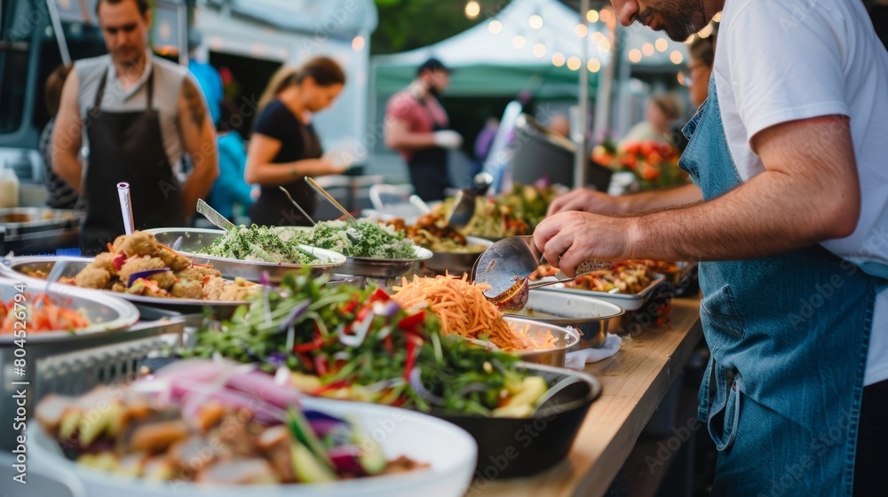 Obraz premium A man is seen arranging various dishes on a buffet table at a social event or catering setup.