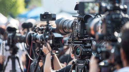 A diverse group of individuals are actively capturing moments with their cameras in a bustling scene.