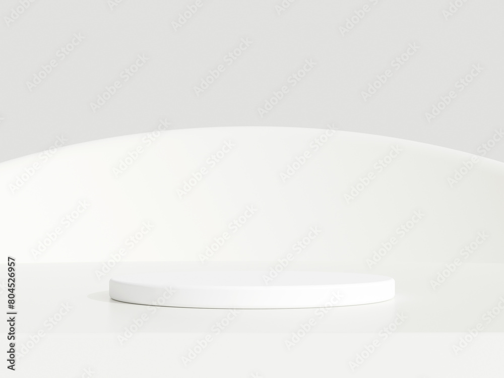 Abstract white 3D room with realistic white cylinder pedestal podium set. Minimal scene for product display presentation. 3D rendering geometric platform. Stage for showcase. Abstract white 3D room with realistic white cylinder pedestal podium set. Minimal scene for product display presentation. 3D rendering geometric platform. Stage for showcase.