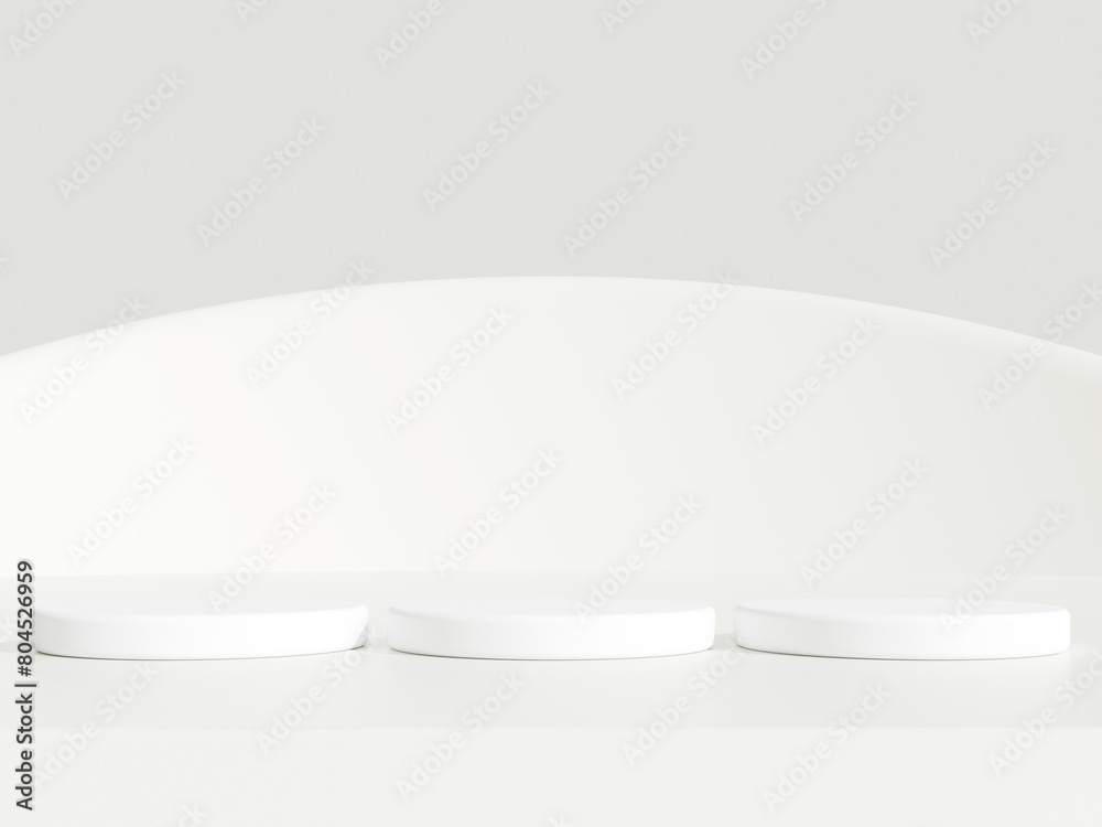 Abstract white 3D room with realistic white cylinder pedestal podium set. Minimal scene for product display presentation. 3D rendering geometric platform. Stage for showcase. Abstract white 3D room with realistic white cylinder pedestal podium set. Minimal scene for product display presentation. 3D rendering geometric platform. Stage for showcase.