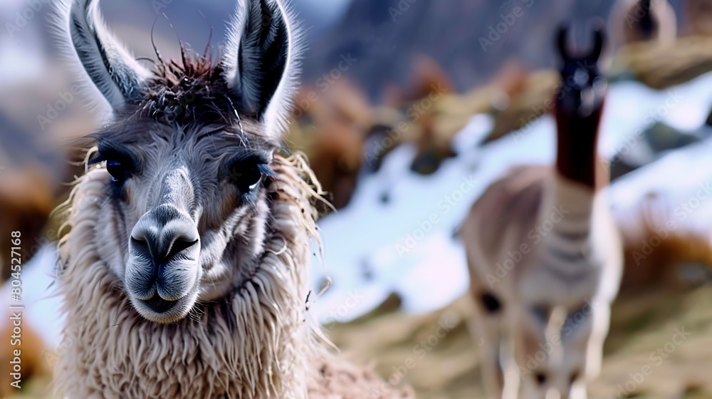 Fototapeta premium Llamas grazing in mountain pasture, close up, soft fur and curious eyes, high altitude setting -