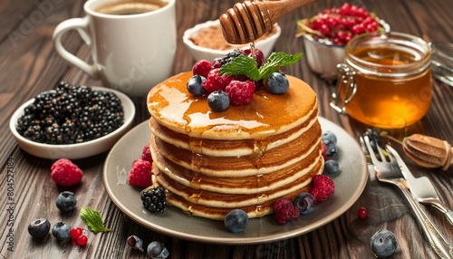 Breakfast with pancakes, honey and berries. photo
