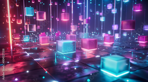 Abstract digital landscape of neon-lit cubes floating over a dynamic, futuristic grid. 