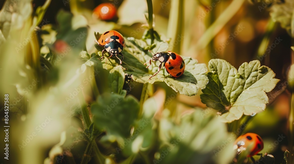 Fototapeta premium Organic pest control, close up, ladybugs on plants, natural predators at work, eco-friendly farming 