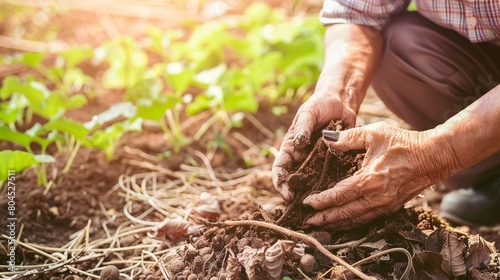 Farmer applying mulch to crops, close up, hands and organic material, moisture retention technique 