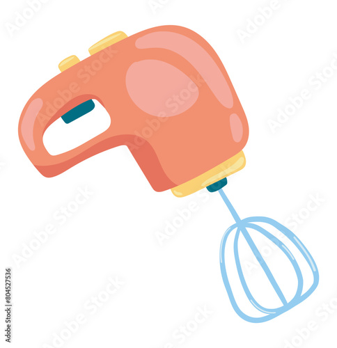 Red hand mixer in flat design. Kitchenware appliance for mixing and blending. Vector illustration isolated.