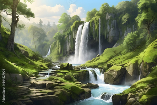 An awe-inspiring landscape of majestic waterfalls surrounded by lush  green forests and vibrant plant life