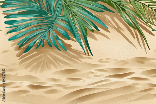 A serene illustration of a sandy beach with prominent green palm leaves shading the golden sands