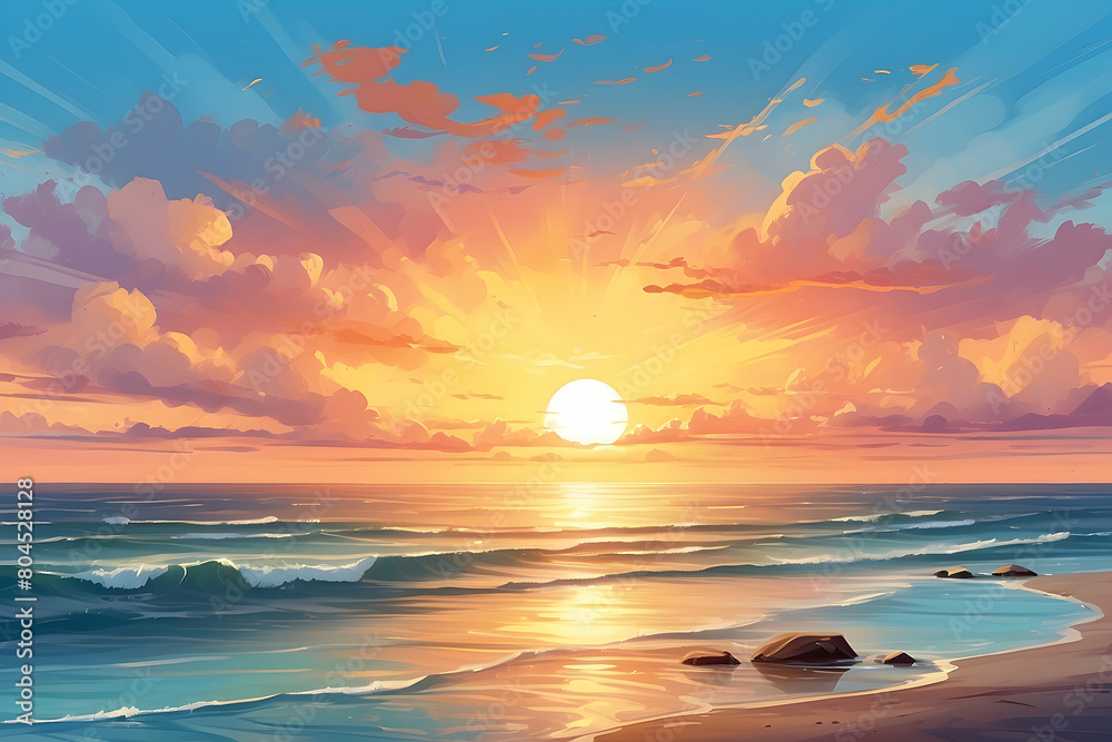 Obraz premium Captivating digital artwork of a clear sunset descending over the sea, with colorful skies and energetic waves crashing on rocks
