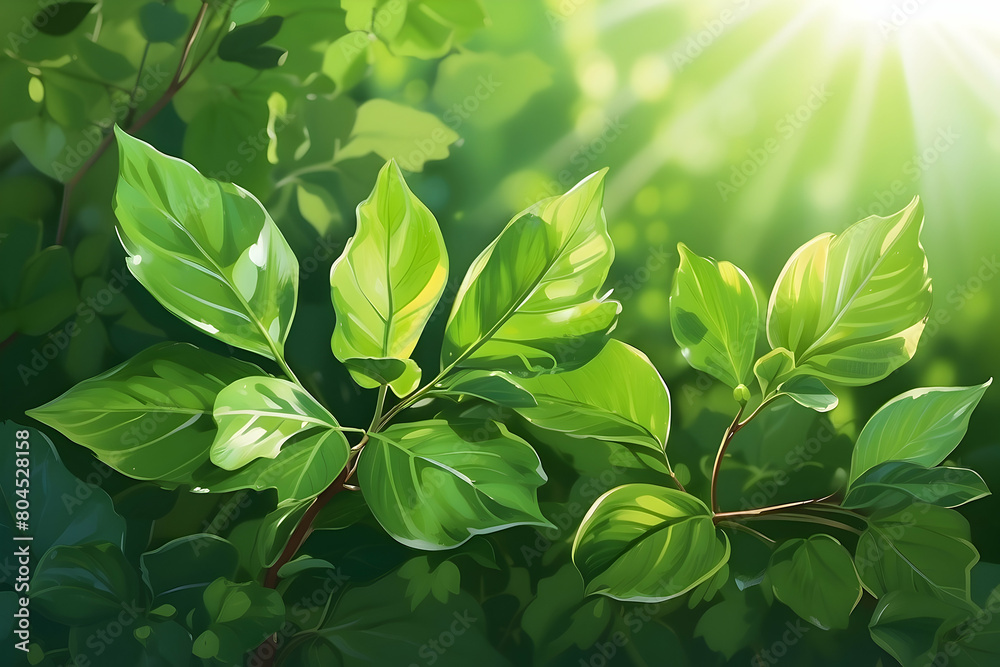 A beautiful close-up digital rendering of fresh green leaves with sunlight filtering through, giving a life-like natural feel