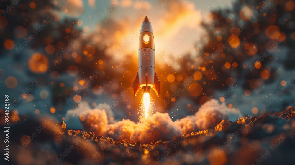 Fototapeta premium Businessman-controlled rocket is launching and soaring from hand into the sky for growing business,generative ai