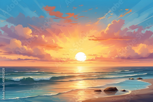 Captivating digital artwork of a clear sunset descending over the sea  with colorful skies and energetic waves crashing on rocks