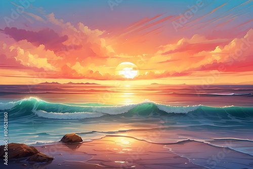 Stunning digital art of a beautiful ocean scene with vivid sunset hues set against a dramatic cloud-covered sky