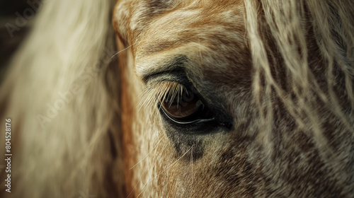Deeply detailed close-up of a horse s eye  reflecting a sense of wisdom and calm  set against its natural fur.