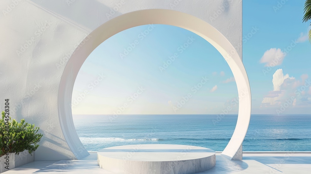 Scene with geometrical forms and a podium in natural daylight. Sea view. Background in 3D rendering.