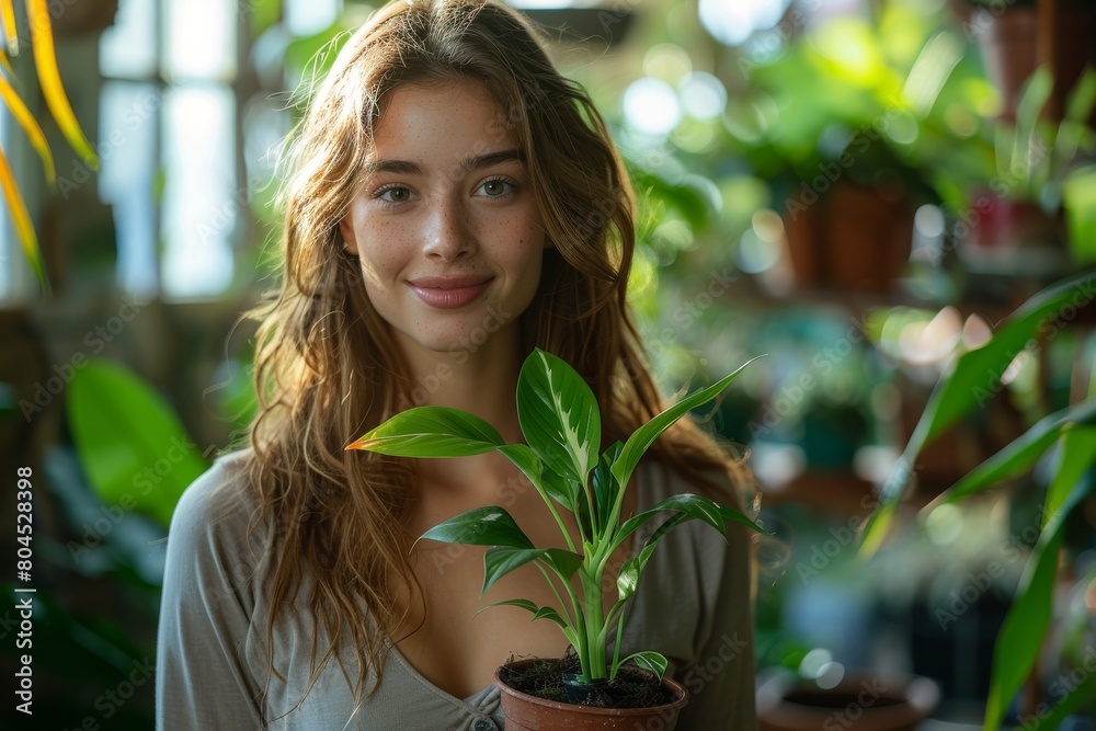 A young woman with sparkling eyes holds a green potted plant indoor, with a soft smile and casual attire A young woman with sparkling eyes holds a green potted plant indoor, with a soft smile and casual attire