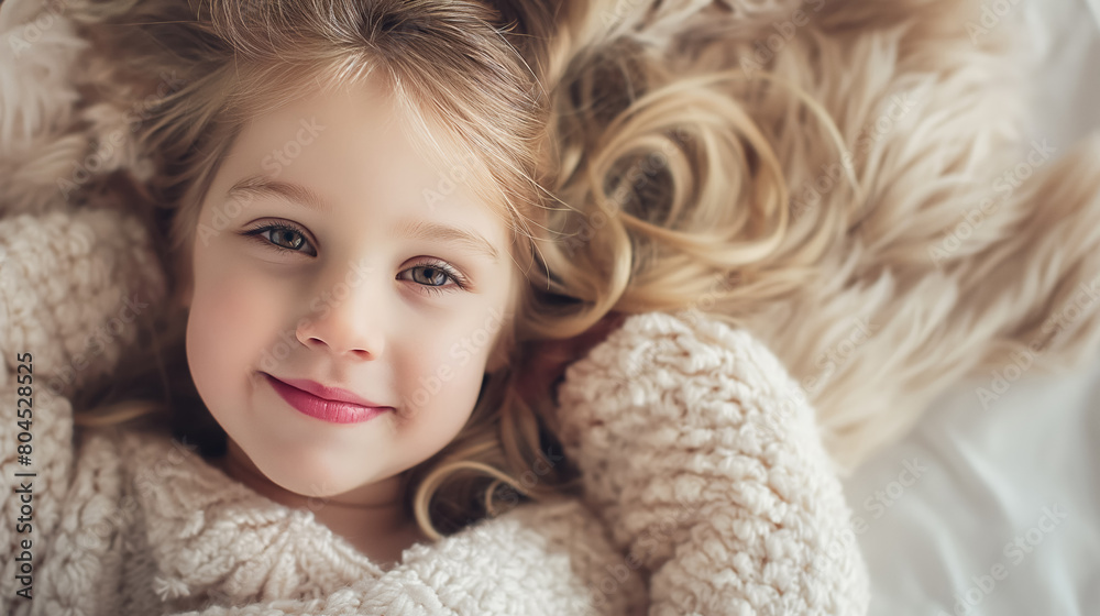 Warm and cozy portrait of a little girl with blonde hair, smiling while wrapped in a fluffy white blanket, exuding comfort and happiness.