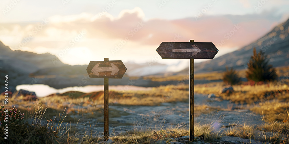 two directional sign in the monutain landscape with sunrise background two directional sign in the monutain landscape with sunrise background