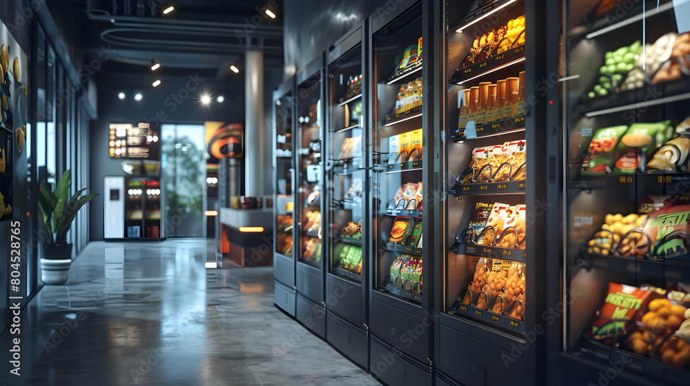 Photo real Future Ready Snack Solutions concept with smart vending machines offering innovative snacks and beverages Photo real Future Ready Snack Solutions concept with smart vending machines offering innovative snacks and beverages