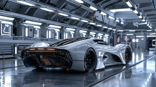 Detailed rendering of a generic Technich concept car in the SciFi Factory lab with Thunderbolt technology
