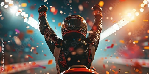 Victory concept , a racer celebrating victory in the race against the background of bright stadium lights and confetti