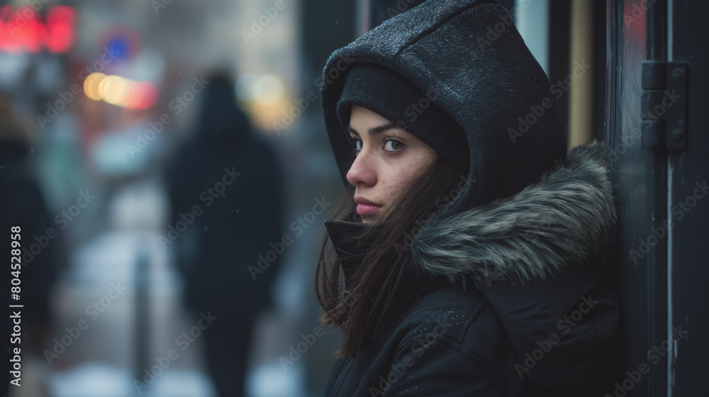 Woman dressed in winter clothing, standing alone on a city street, looking pensive and contemplative against a cold urban backdrop. Woman dressed in winter clothing, standing alone on a city street, looking pensive and contemplative against a cold urban backdrop.