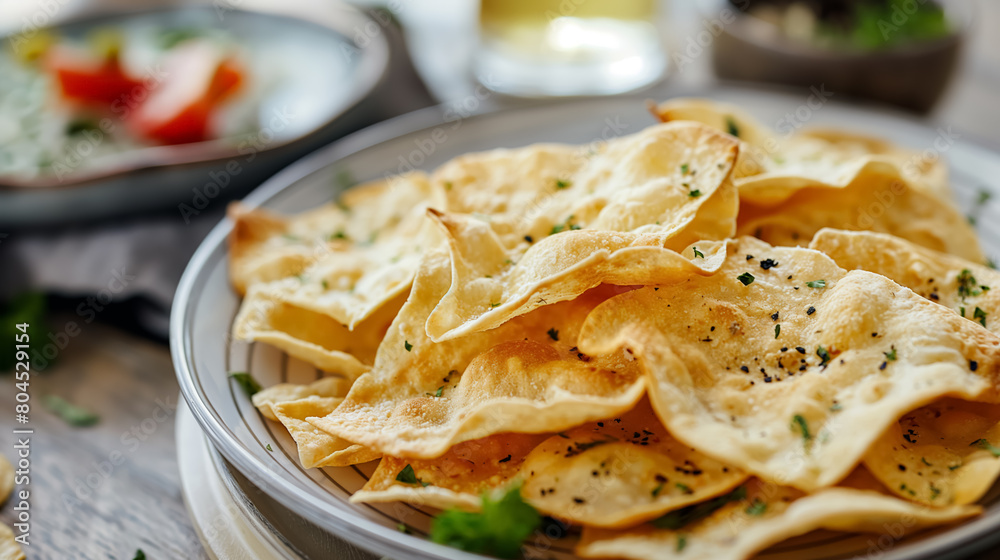Plate full of crispy papadums, sprinkled with spices and herbs, served as an appetizer, captured in a bright, appetizing setup.