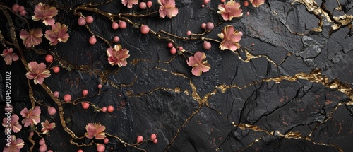 Art landscape in oriental banner with gold, black, and red texture moderns. Cherry blossom flower branch and black stone decorations.