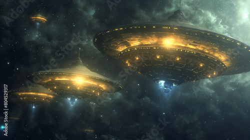 Fleet of futuristic spaceships with intricate designs, suspended in the vastness of a star-filled cosmic nebula.