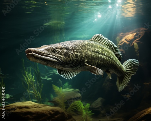 Ancient Bichir fish lurking near the riverbed, subtle lighting accentuating its primitive form
