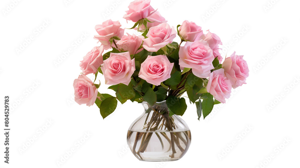 Obraz premium Delicate Pink Rose Flower in Transparent Vase on Isolated Background, Symbolizing Romance and Elegance, Perfect for Anniversary and Celebration Gifts