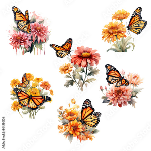 Fototapeta Naklejka Na Ścianę i Meble -  A collection of watercolor paintings of butterflies and flowers