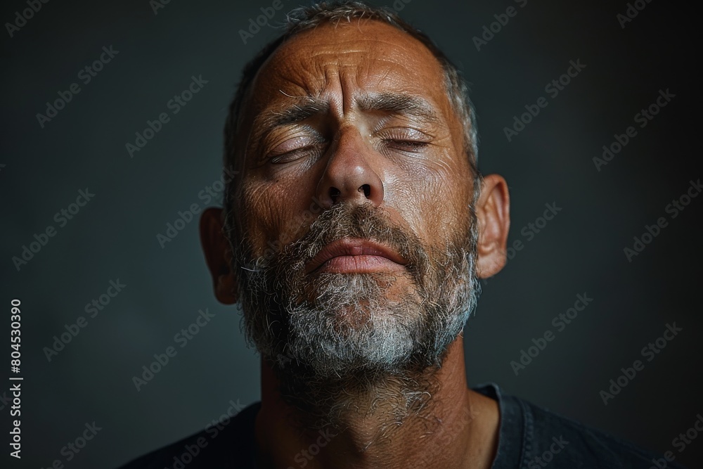 Elderly man with closed eyes and a solemn expression on his face Elderly man with closed eyes and a solemn expression on his face