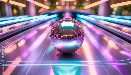 A metallic pinball on a futuristic pinball table with neon lights, seen from a close-up vantage point, 