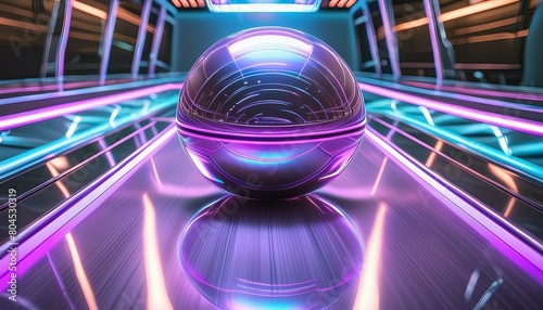 A metallic pinball on a futuristic pinball table with neon lights, seen from a close-up vantage point, 