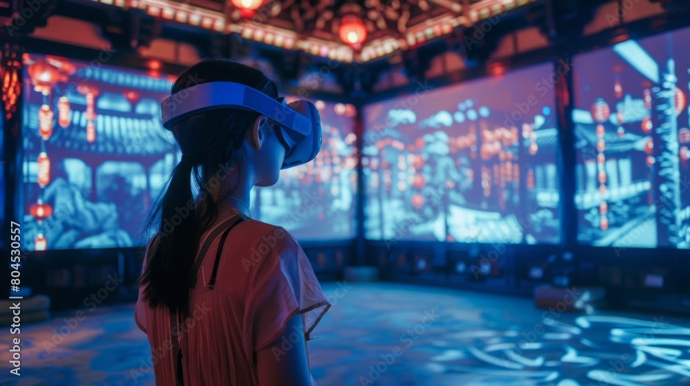 A woman immersed in virtual reality experience while wearing a headset, in a darkened room. A woman immersed in virtual reality experience while wearing a headset, in a darkened room.