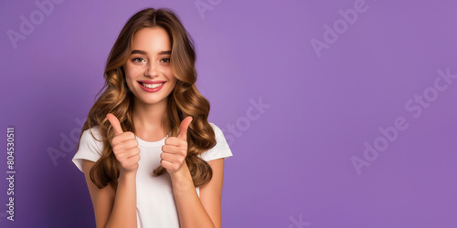 happy young woman thumps up and like photo