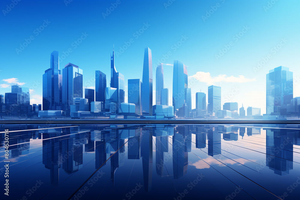 Modern skyscrapers of a smart city, futuristic financial district, graphic perspective of buildings and reflections - Architectural blue background for corporate and business brochure template