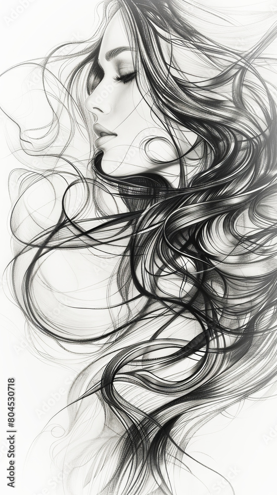 An elegant monochrome pencil drawing of a beautiful young woman An elegant monochrome pencil drawing of a beautiful young woman