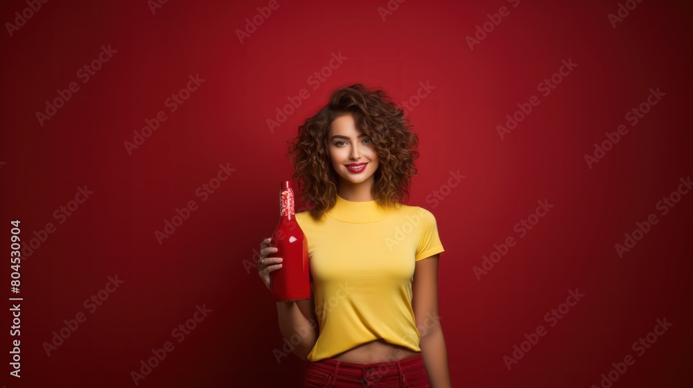 Fashionable Young Hispanic Woman Holding a Red Bottle on a Vibrant Red Background