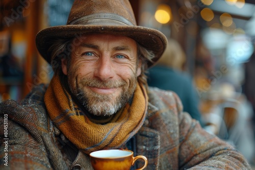 Smiling man with beard enjoying a cup of coffee outside, wearing autumnal clothes and hat