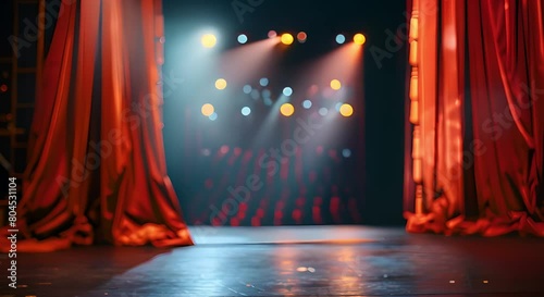 Embrace the Splendor of a Dramatic Theater Stage with Vibrant Red Curtains and Spotlight. Concept Dramatic Theater Stage, Vibrant Red Curtains, Spotlight, Theatrical Performance, Stage Lighting photo