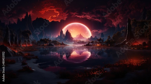 Stunning Digital Artwork of a Futuristic Red Moonrise Over a Mysterious Landscape with Luminous Plants and Jagged Rocks